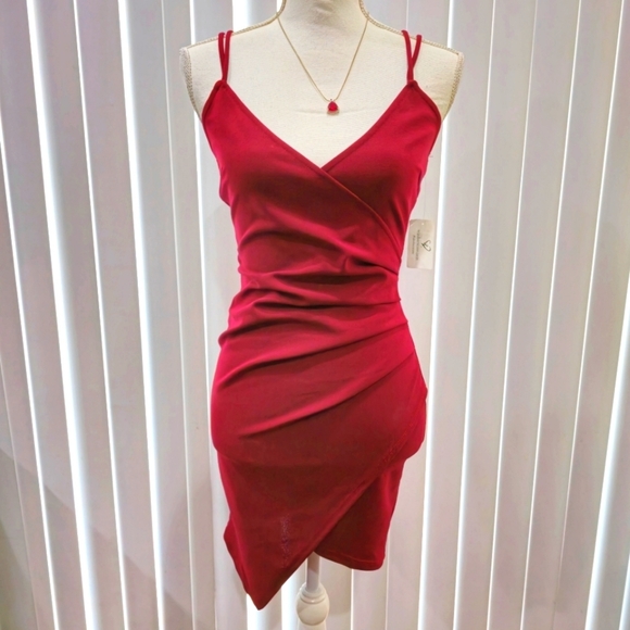 Windsor ✦ Open Back Burgundy Mini Dress ✦ Asymmetrical Wrap w/ Draped Bodycon S - Picture 3 of 17